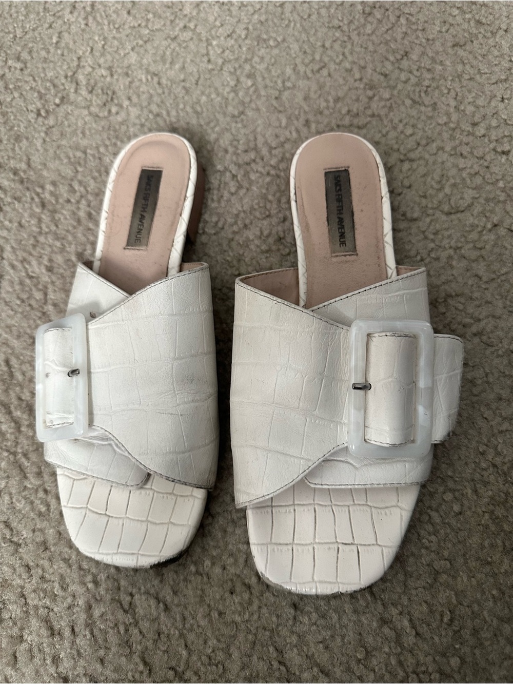 Saks Fifth Avenue White Croc-Embossed Slide Mules with Buckle